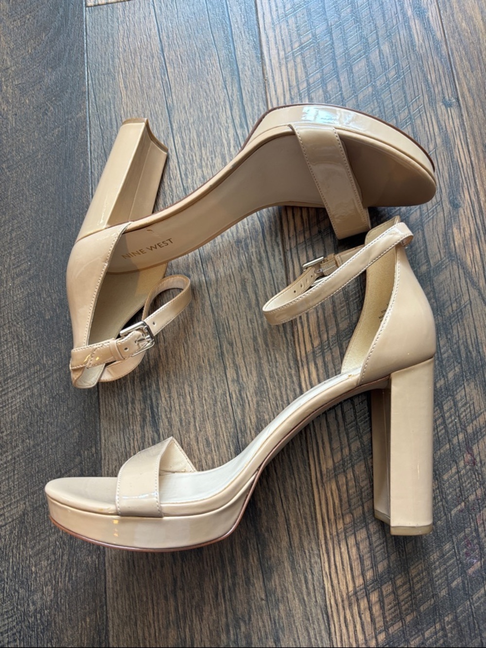 Nine West Dempsey Beige Nude Patent Platform Ankle-Strap Block Heel Sandal Sz 11